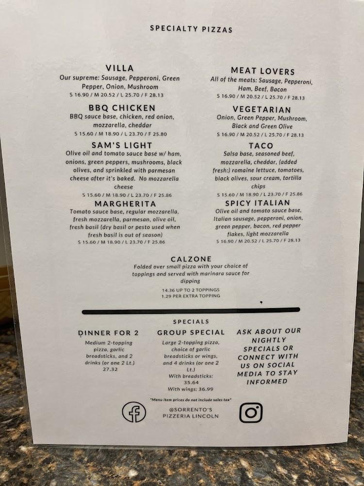 Sorrento's Pizzeria - Lincoln Menu image 1
